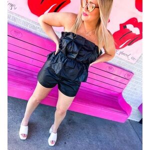 Black Strapless Faux leather Ruffled Top size M